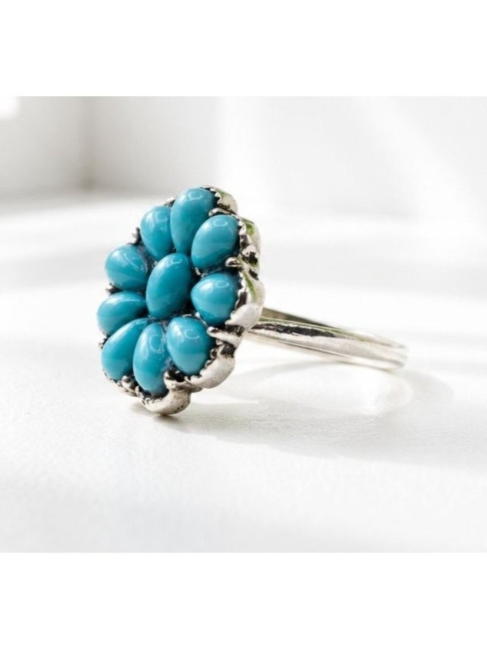 Turquoise Cluster Silver-Tone Ring Size 8 Floral Design Vintage‎ Boho Jewelry